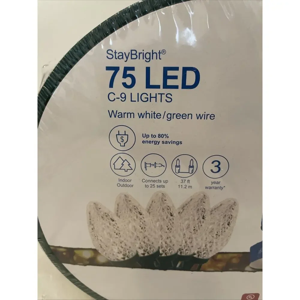 GE StayBright 75 Count 37 Feet Warm White C9 LED Christmas Lights Green Wire NEW